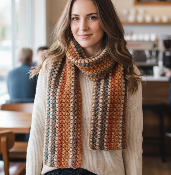 Handmade Crochet Scarf Chunky Boho Winter Wrap Autumn Earth Tones Rust Gold