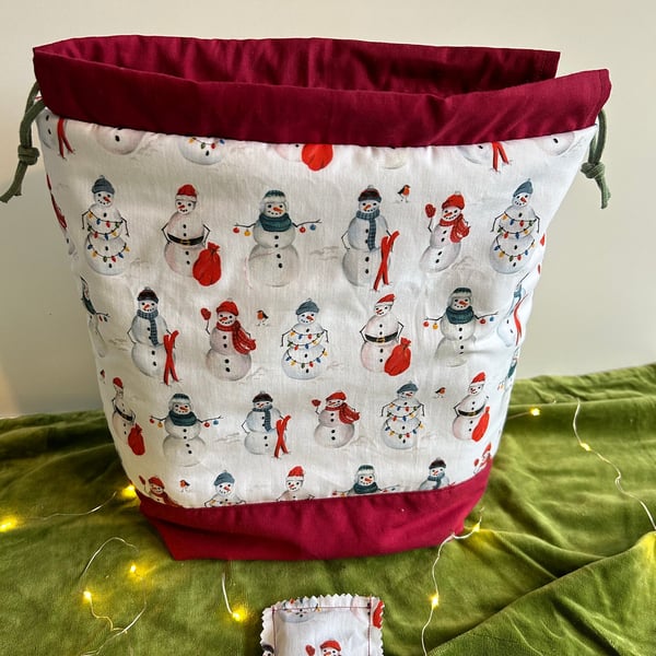 Knitting project bag, Knitting bag, Snowmen bag, Christmas Project Bag
