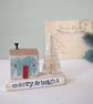 Little Wooden Handmade House in a Bag with Christmas Tree Merry & Bright 