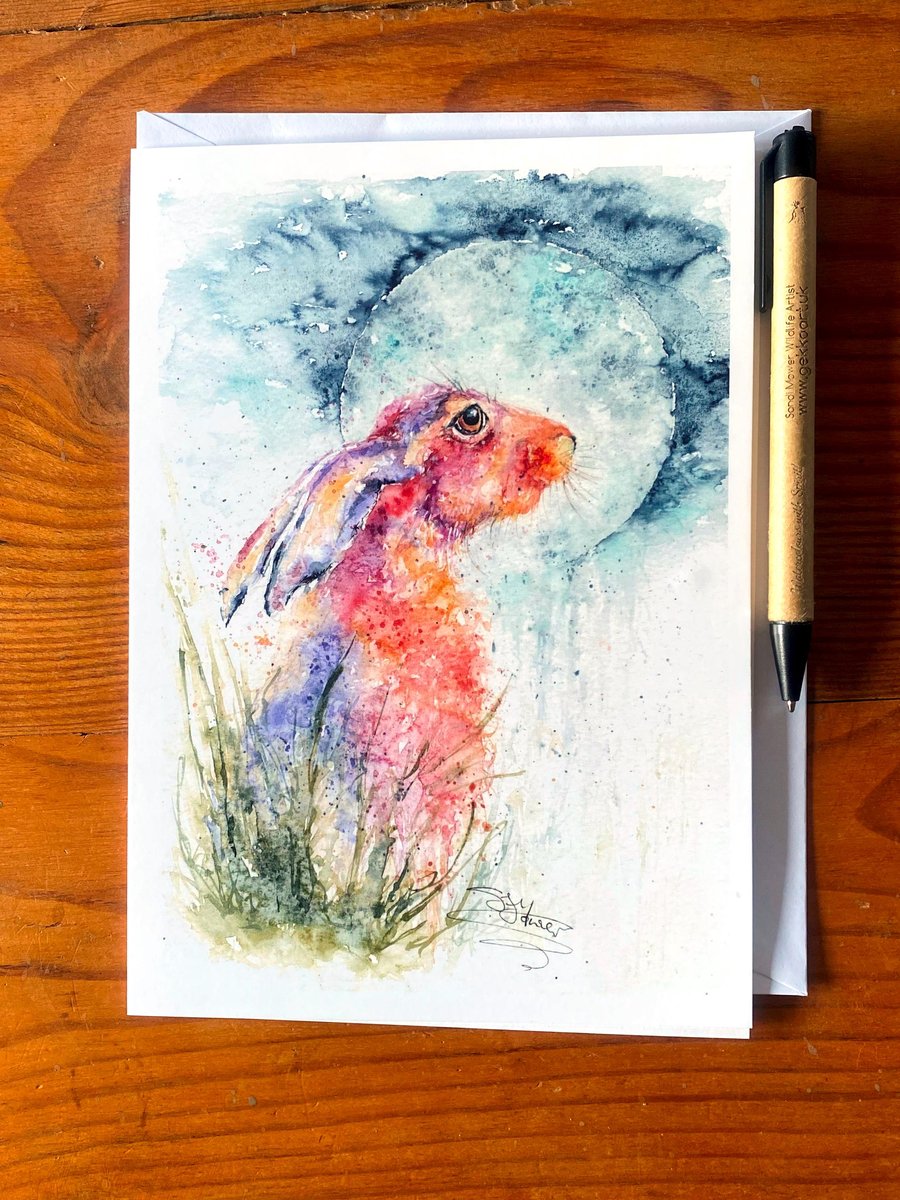 Moon Gazing Hare Greetings Card, A5 blank greeting card with a watercolour hare