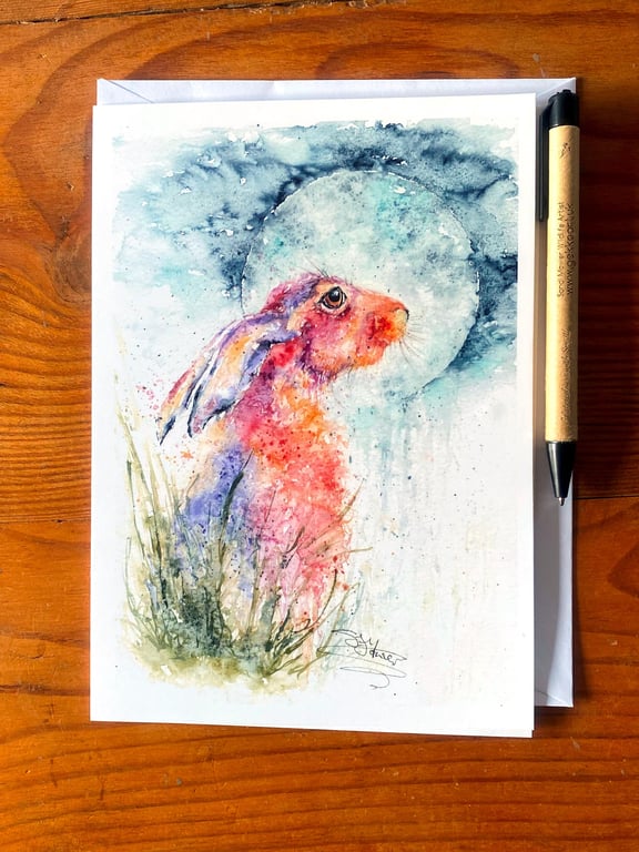 Moon Gazing Hare Greetings Card, A5 blank greeting card with a watercolour hare