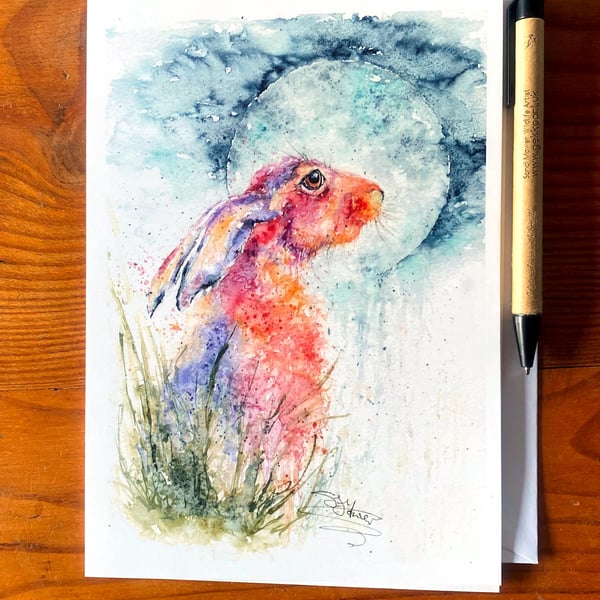 Moon Gazing Hare Greetings Card, A5 blank greeting card with a watercolour hare
