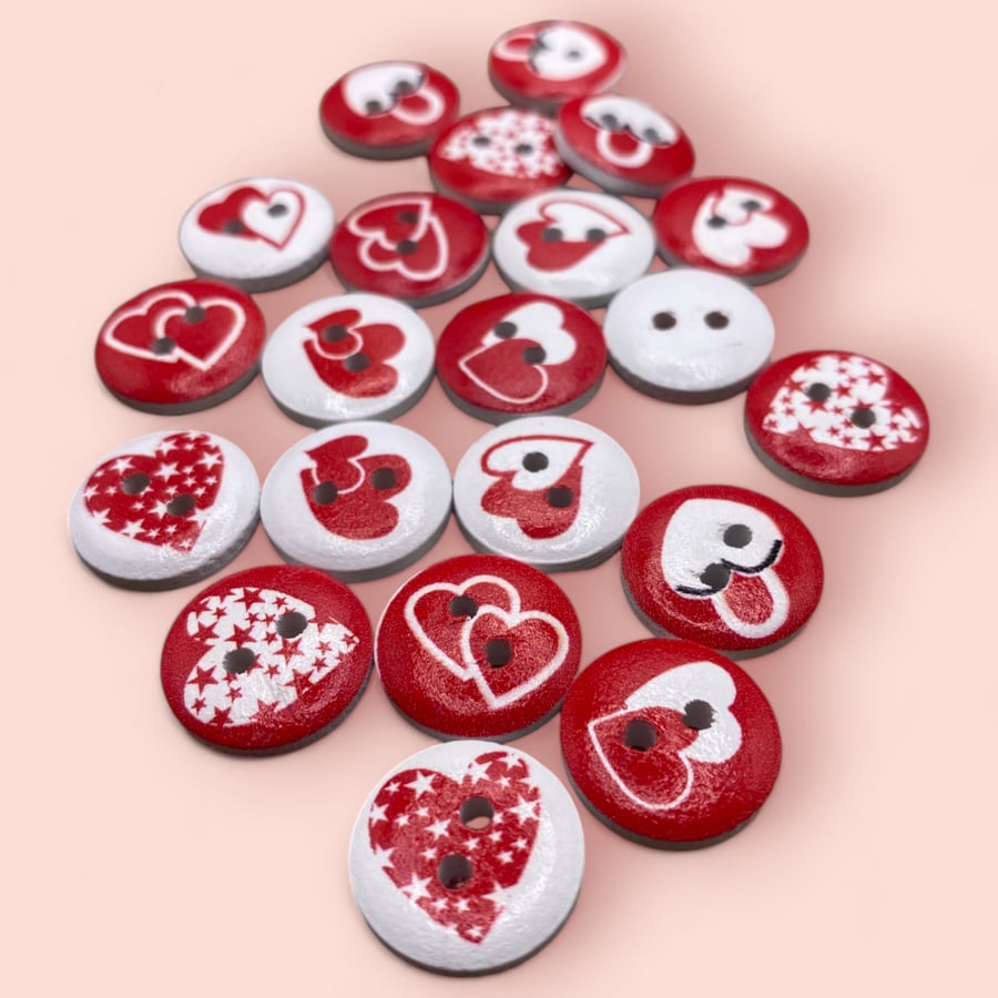 15mm Red And White Love Heart Pattern Wooden Buttons Pack Of 10