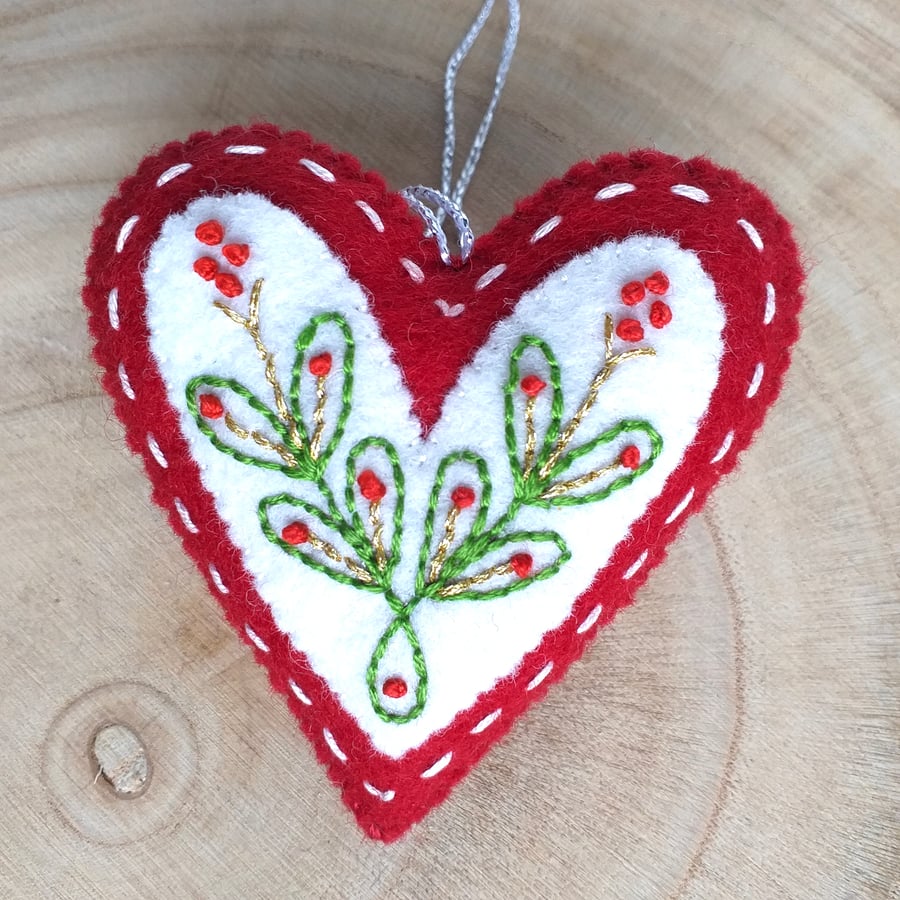 Wool Felt Heart, Embroidered Heart Ornament