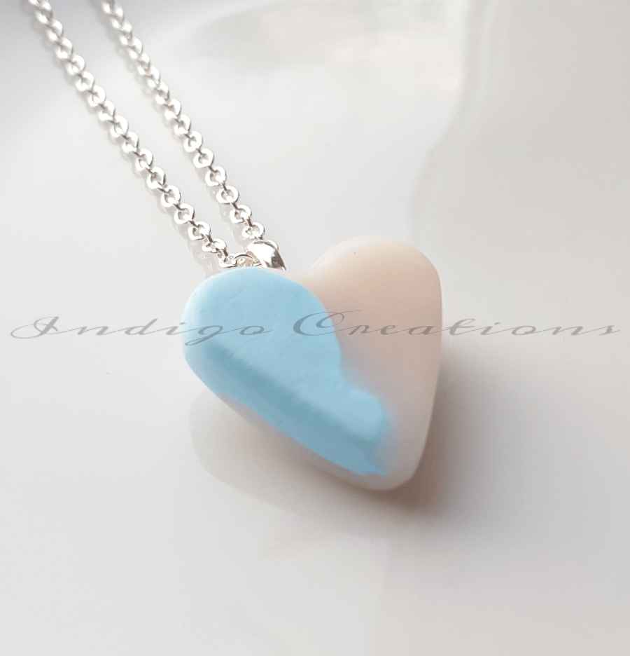  Necklace Handmade Aqua And Translucent Heart Polymer Clay Pendant