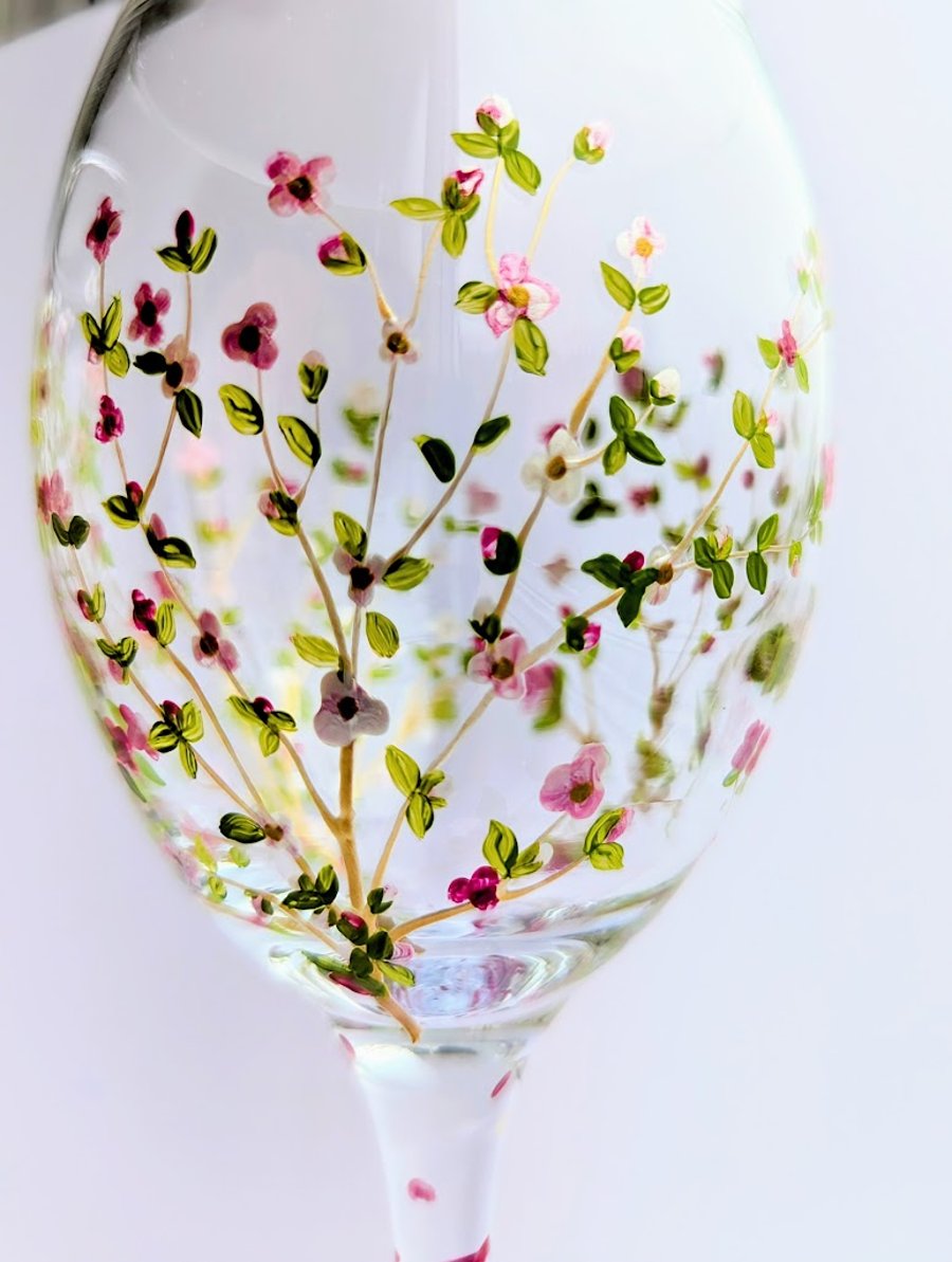 Bespoke Hand Painted  Wine Glass : Cherry Blossam