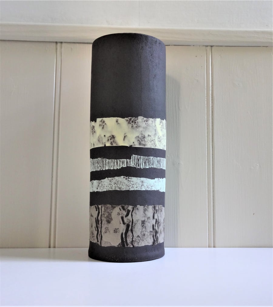 Emily.  Matt Black Ceramic Vase with abstract decoration.