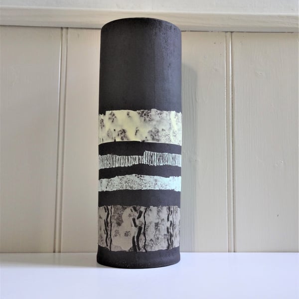 Emily.  Matt Black Ceramic Vase with abstract decoration.