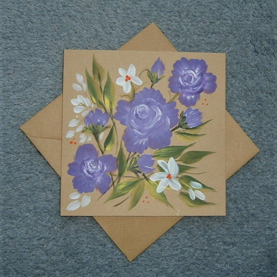 blank greetings card hand painted floral roses ( ref F 20 )