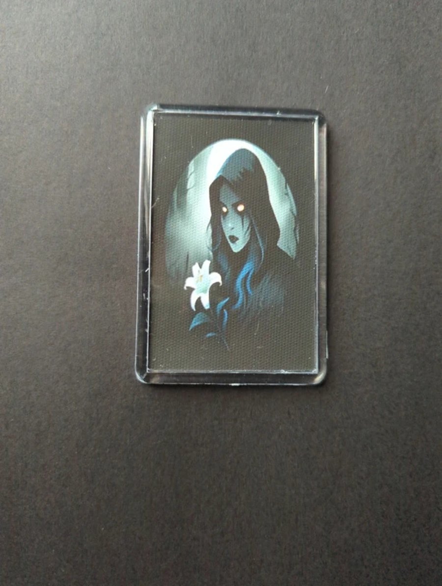 Moonlight Reaper Fridge Magnet – Gothic Hooded Figure & Lily Art – Mystical Acry