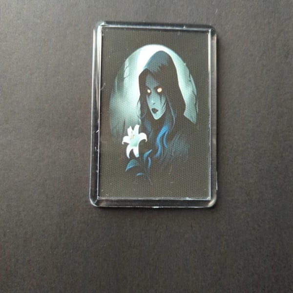 Moonlight Reaper Fridge Magnet – Gothic Hooded Figure & Lily Art – Mystical Acry