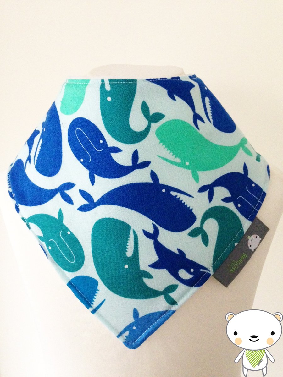 Handmade Baby Bandana Dribble Bib FREE SPIRIT Blue Green WHALE Fabric IDEAL GIFT