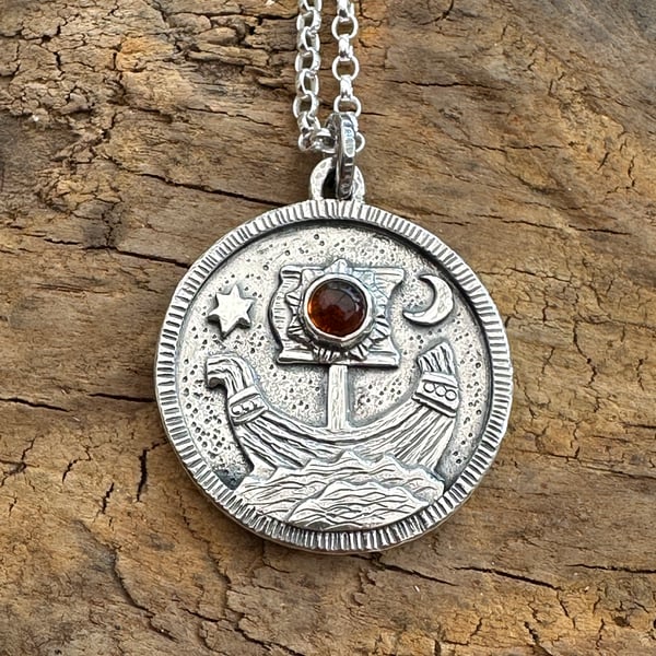 Viking Ship Coin Pendant with Citrine