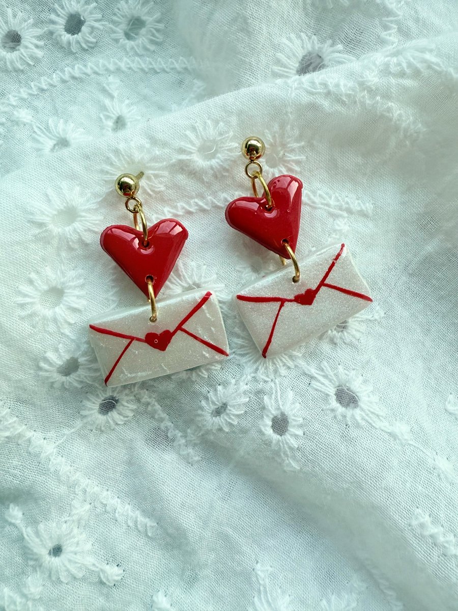 Love Letter Heart Envelope Earrings, Hand Painted, Polymer Clay - FREE SHIPPING
