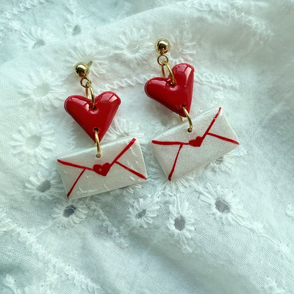 Love Letter Heart Envelope Earrings, Hand Painted, Polymer Clay - FREE SHIPPING