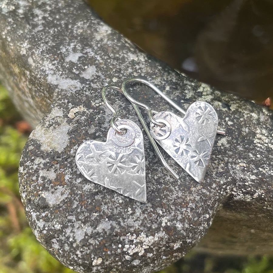 Oxidised sterling silver textured heart earrings