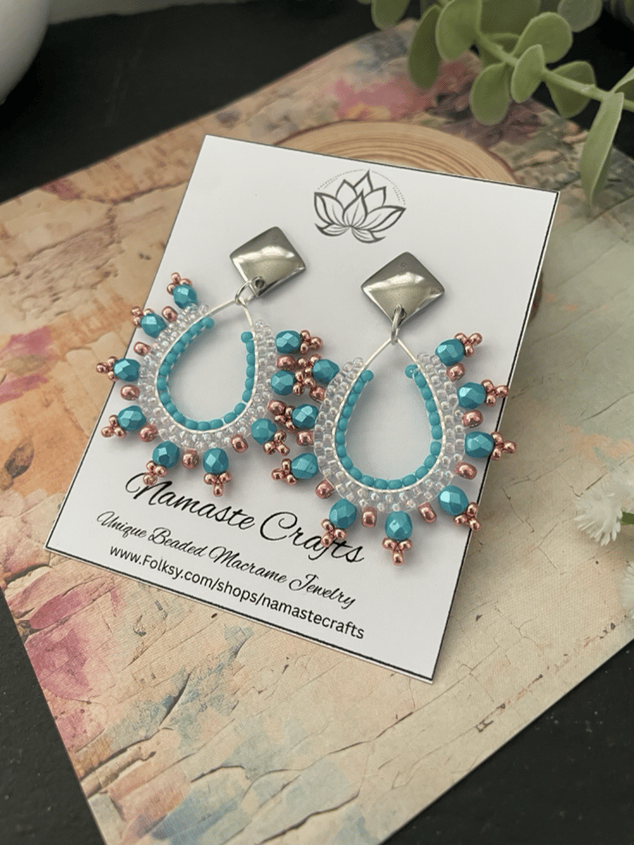 Pretty beaded boho teardrop dangle handcrafted statement earrings