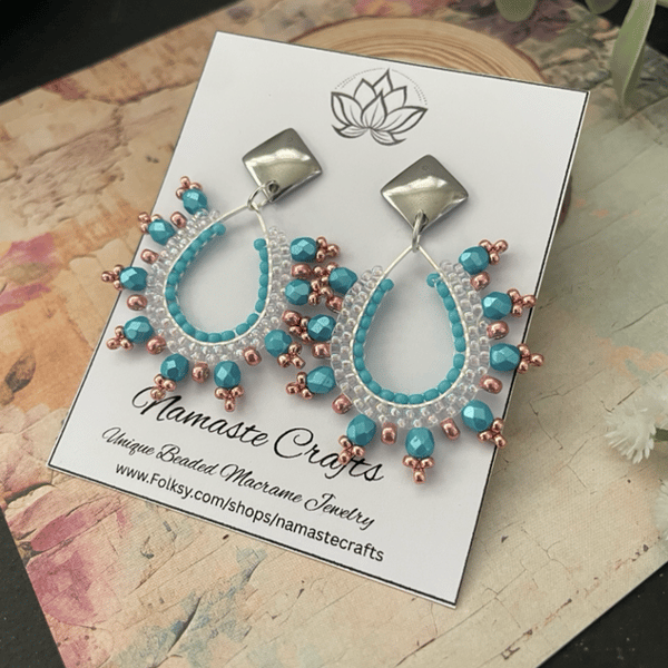 Pretty beaded boho teardrop dangle handcrafted statement earrings