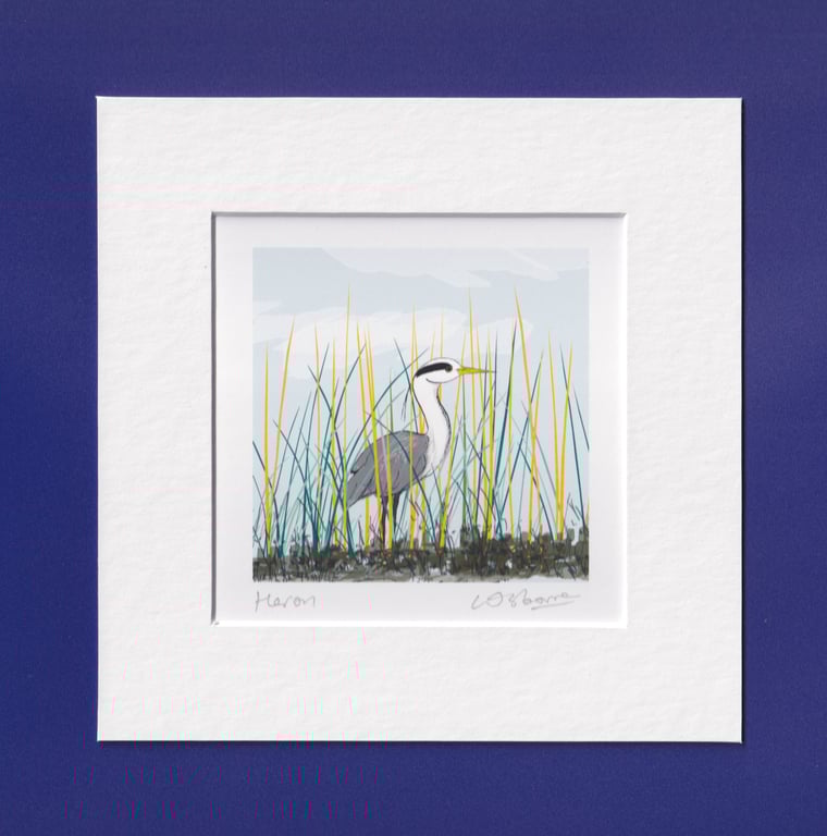 Heron - print from bird illustration with mount