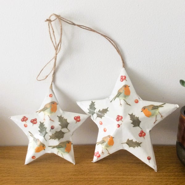 Robin Decoupage Christmas Tree Star Decorations Set of 2 (Set A)