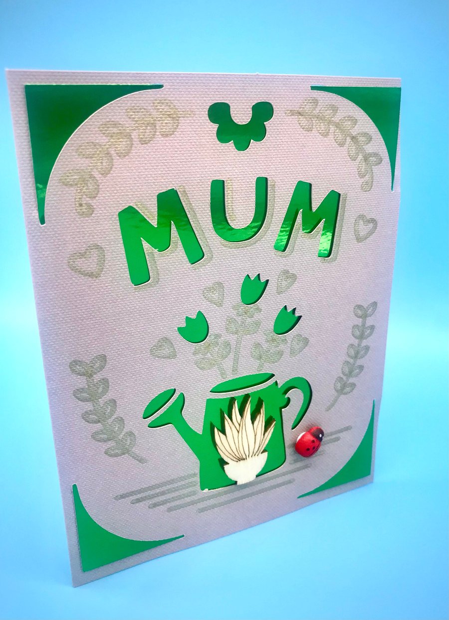Mum card with wooden embellishments. Ideal for mums birthday, Mothers Day, or ju
