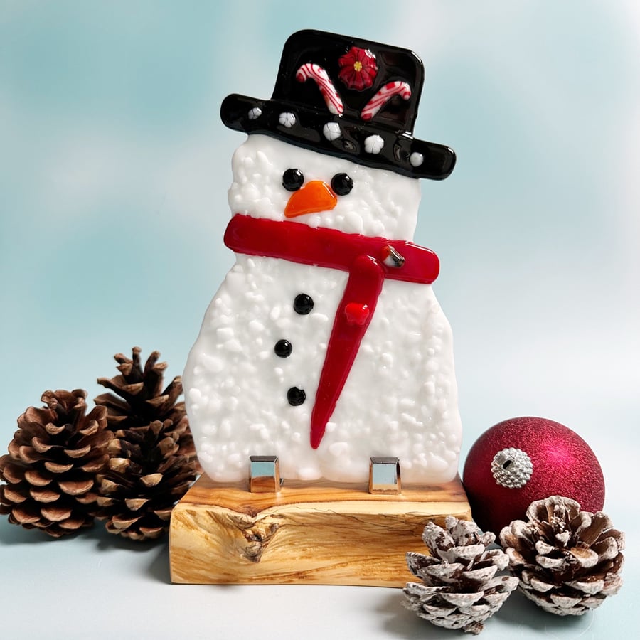 Fused Glass Snowman on Yew Stand