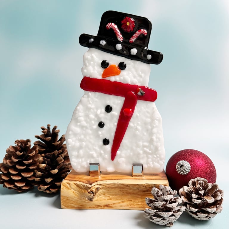 Fused Glass Snowman on Yew Stand
