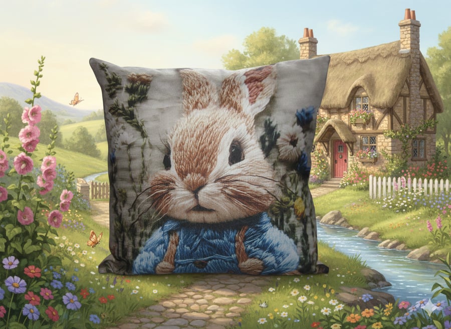 Vintage Style Bunny in Blue Jacket, Cottagecore Nursery Decor, Woven look