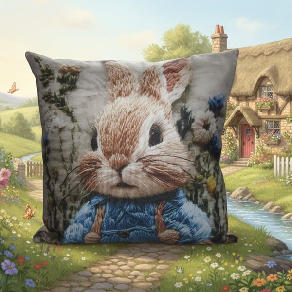 Vintage Style Bunny in Blue Jacket, Cottagecore Nursery Decor, Woven look