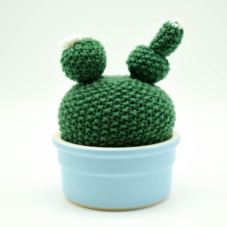 SOLD Hand knitted Cactus with white flowers - pin cushion