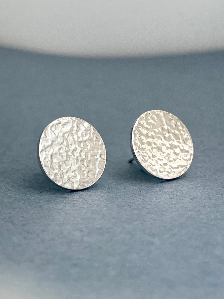 Sterling Silver Round Disc Ear Stud Earrings 12mm   Hammered-Sparkly Handmade