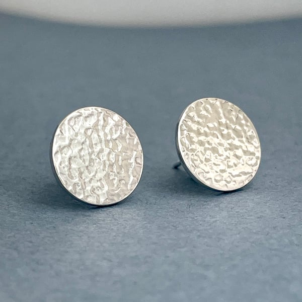 Sterling Silver Round Disc Ear Stud Earrings 12mm   Hammered-Sparkly Handmade