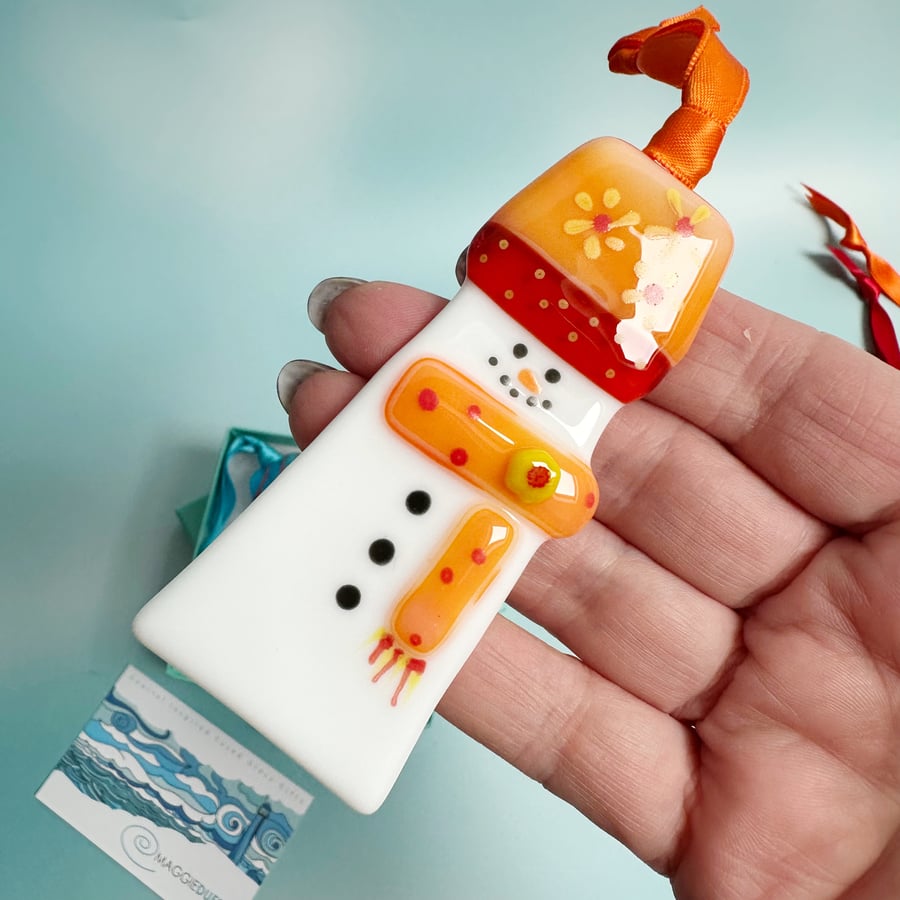 Snowman Tree Decoration-Orange-Fused Glass