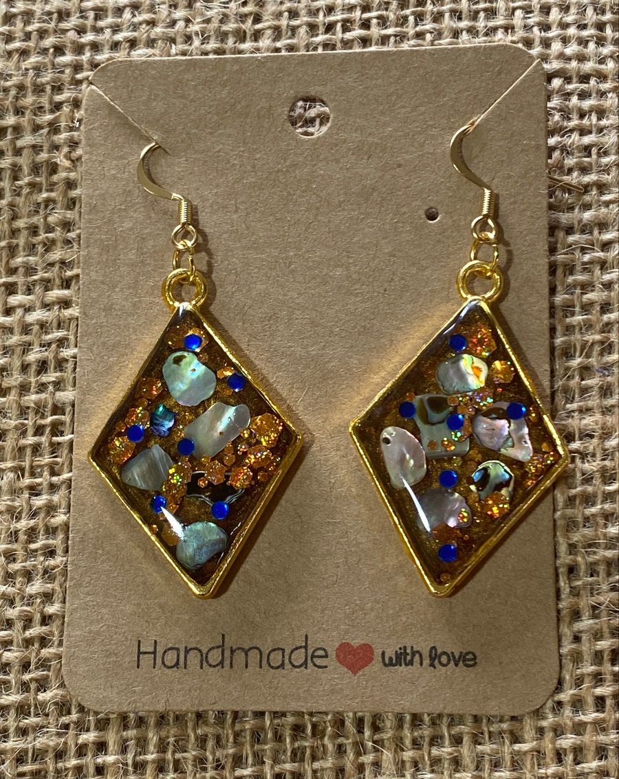 Handmade Gold Rimmed Diamond Shaped Earrings With Natural Abalone Shell