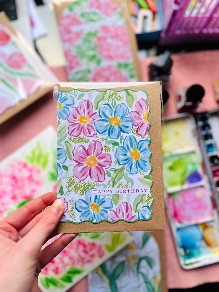 Pink & Blue Forget-Me-Not Happy Birthday Card, Colourful Modern Bday Card