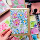 Pink & Blue Forget-Me-Not Happy Birthday Card, Colourful Modern Bday Card