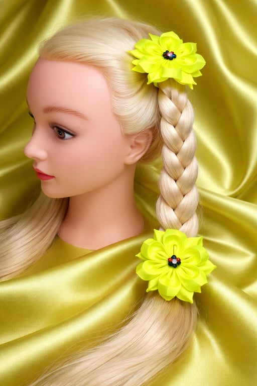 Neon Yellow Satin Flower Hair Bobbles - Pair of Handmade Lime Green Hair Ties 