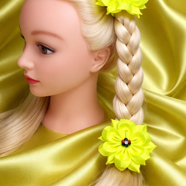 Neon Yellow Satin Flower Hair Bobbles - Pair of Handmade Lime Green Hair Ties 