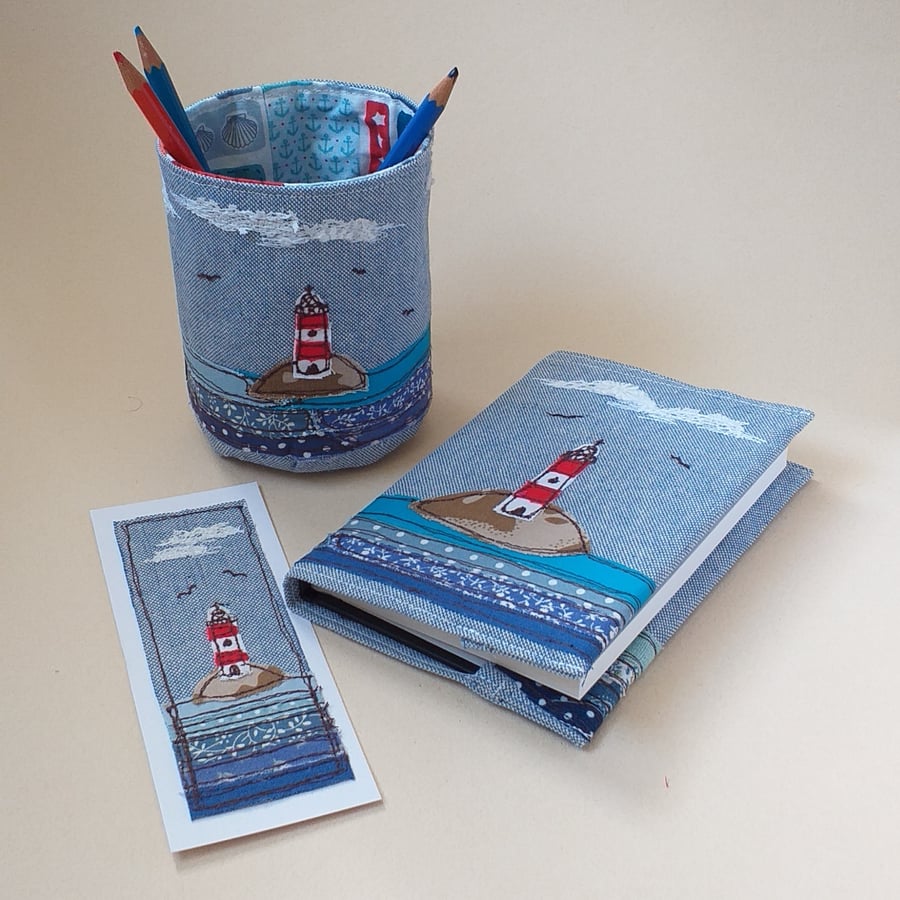Beautiful Bundle - Notebook, Pencil Pot and Bookmark with Embroidered Lighthouse