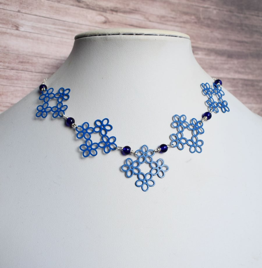 Royal Blue Flower Link Necklace
