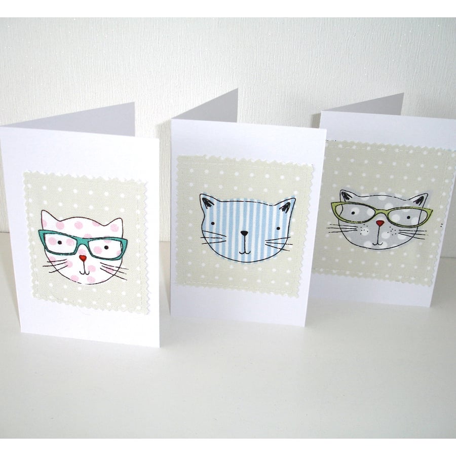 Cat Cards Pack of Three Blank Greetings Cards Notelets Geek Glasses x 3