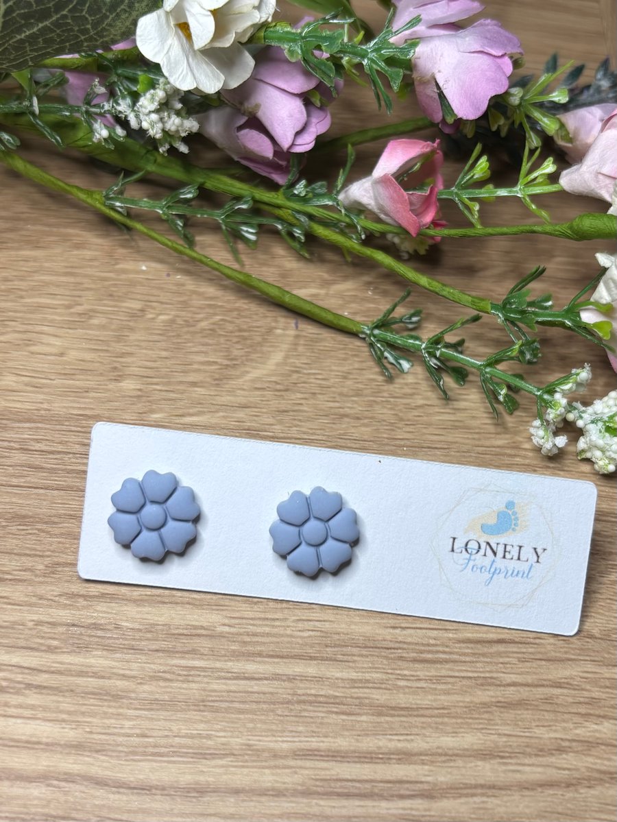 Blue Flower Polymer Clay Stud Earrings - Handmade Jewellery 