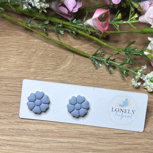 Blue Flower Polymer Clay Stud Earrings - Handmade Jewellery 