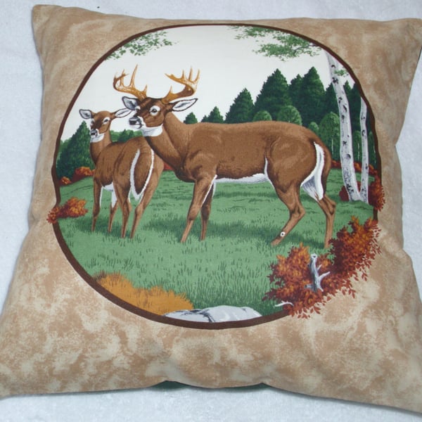 Deer and Stag in a field by an Autumnal forest cushion