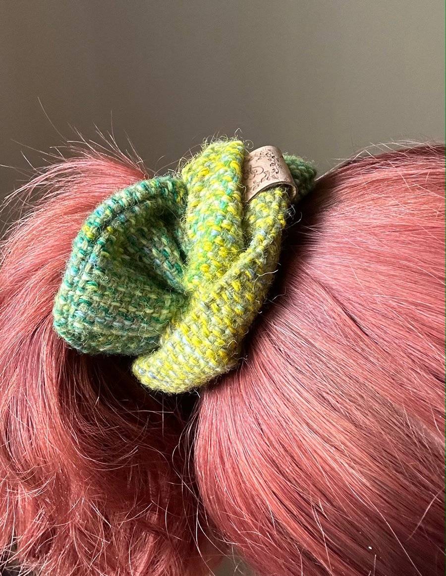 Scrunchie in Painted Green & Yellow British Wool, Hand Painted & Hand Woven 