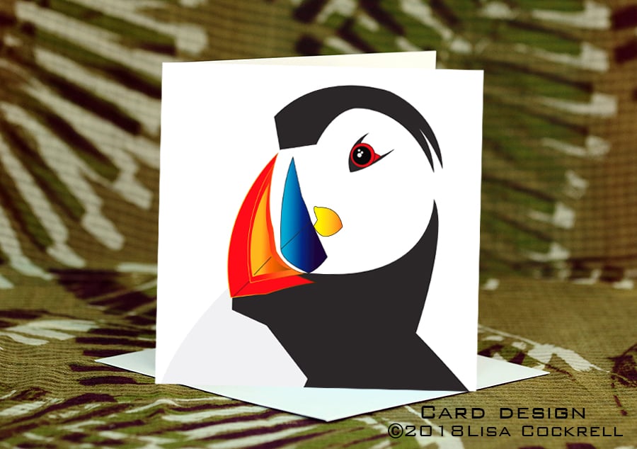 Exclusive Handmade Funky Puffin Greetings Card on Archive Photo Paper