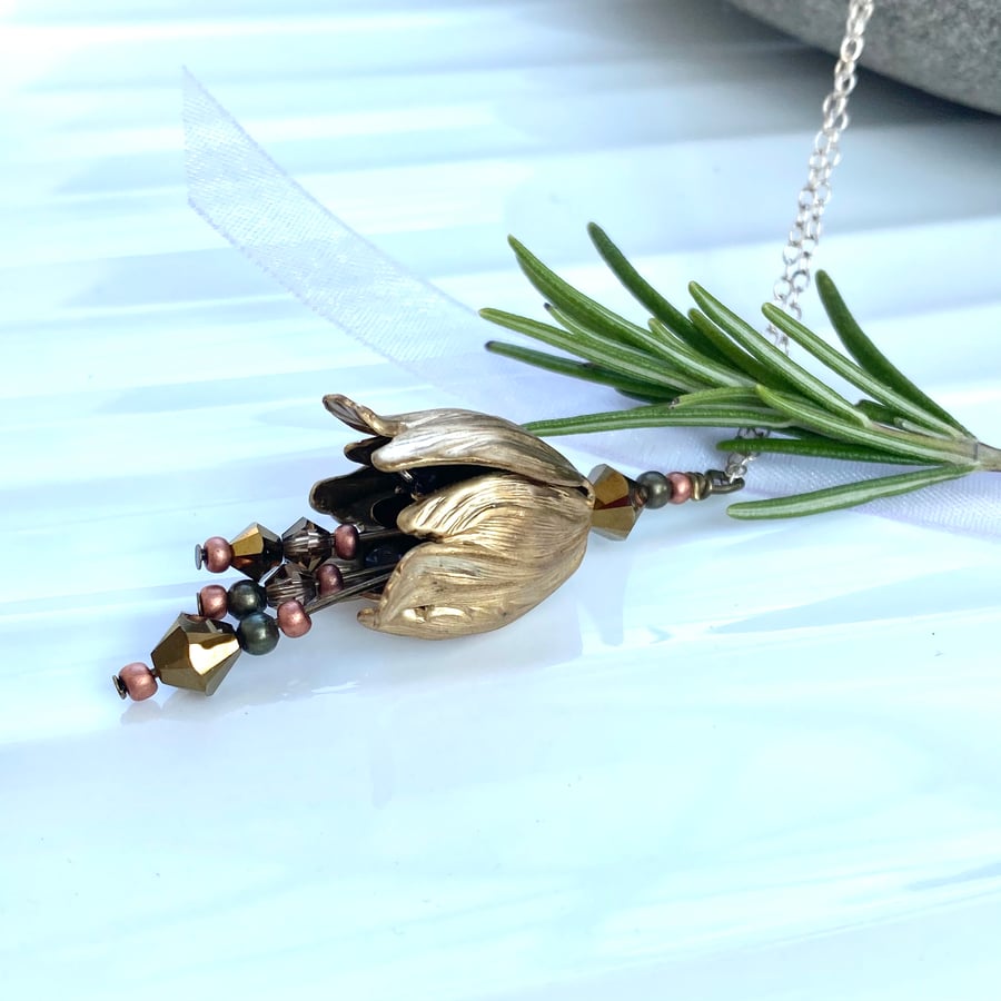 Bronze Colour Tulip Necklace, Pendant With bronze crystal detail