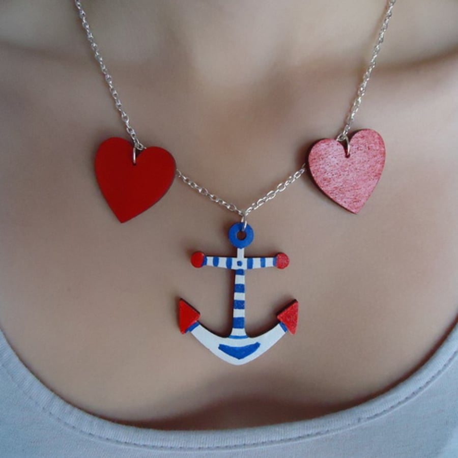 Tattoo style Wooden Swallow Love heart  necklace