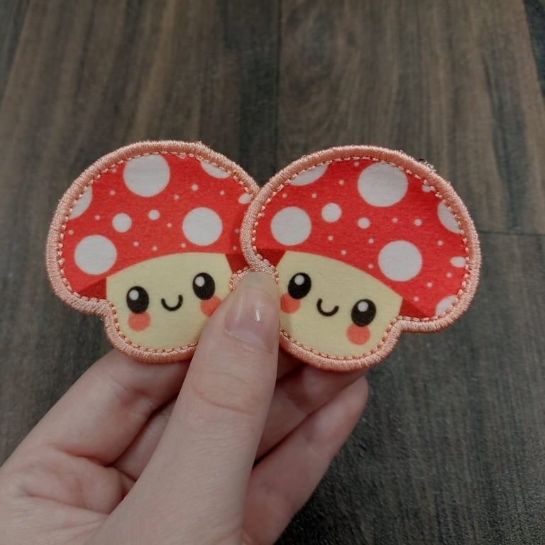 Happy Mushroom Embroidered Applique Iron-On Patches set of 2, Iron On Decal