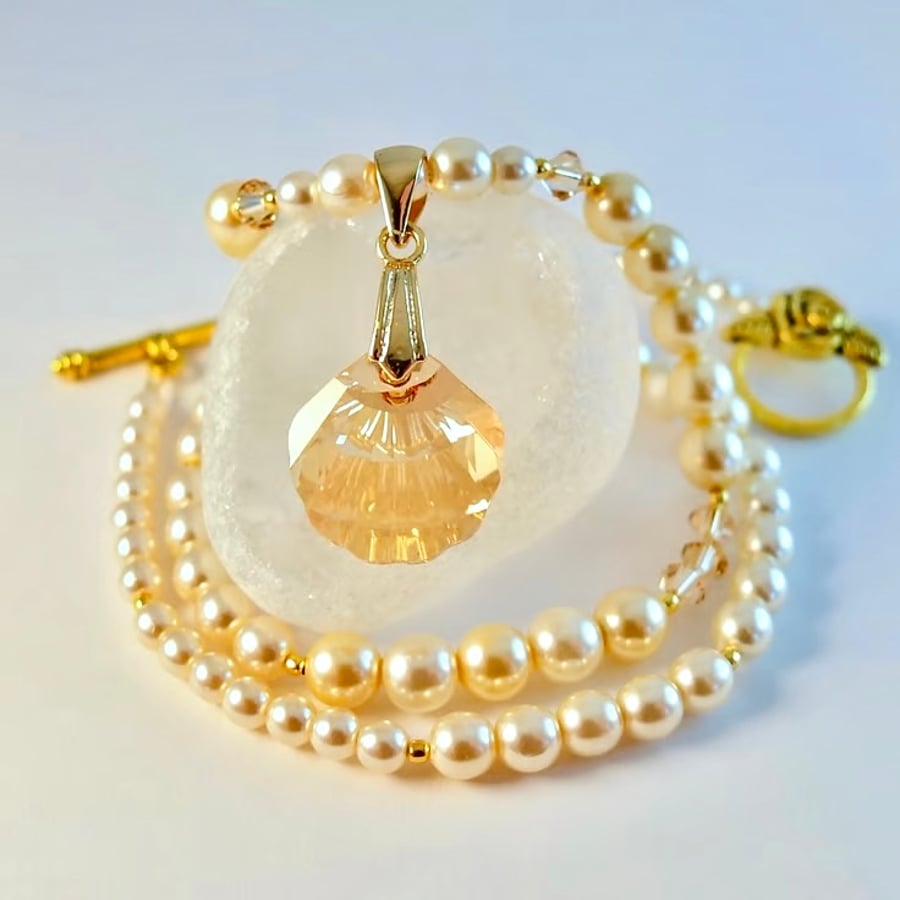 Pearl & Crystal Pendant Necklace, June Birthday, Wedding, 30th Anniversary Gift 